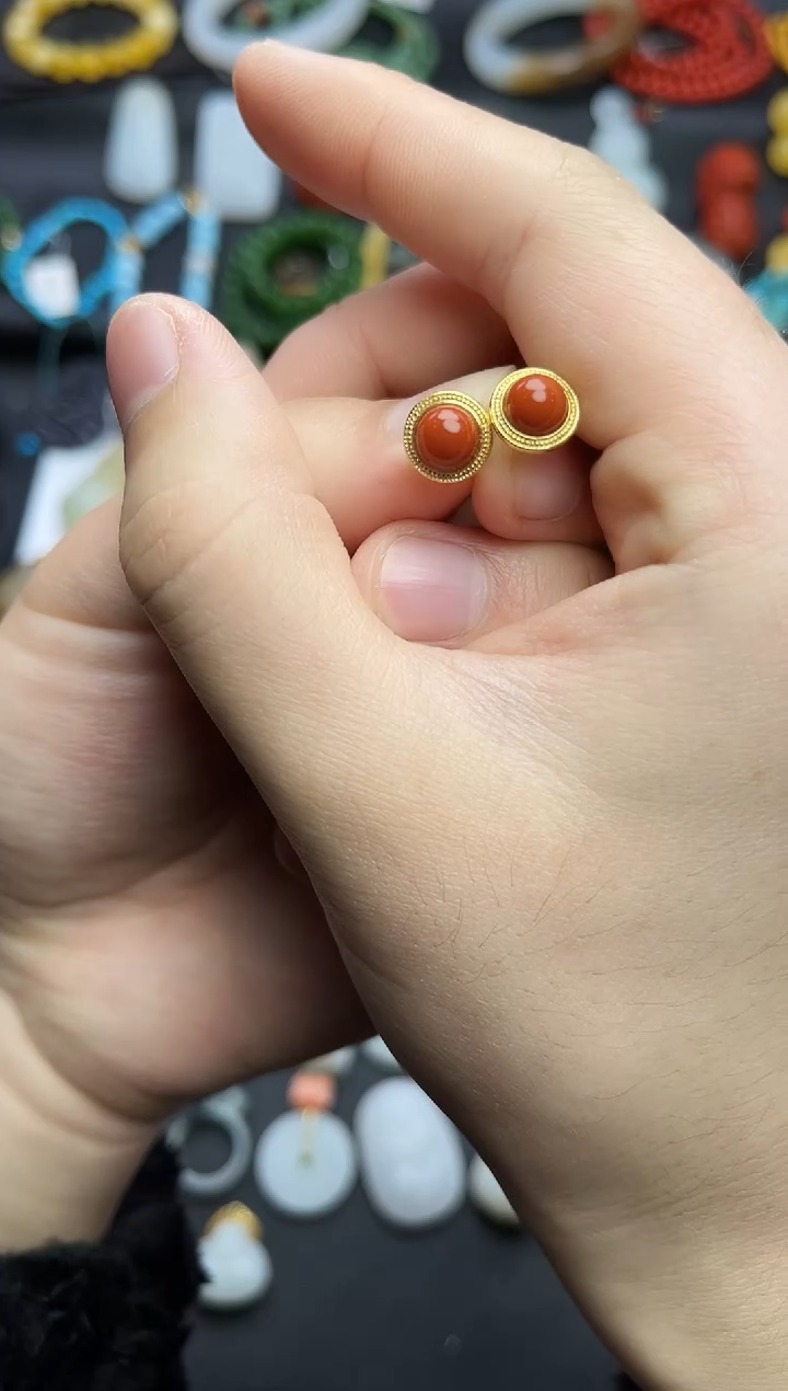 银S925镶嵌耳饰南红玛瑙蛋面耳钉06
