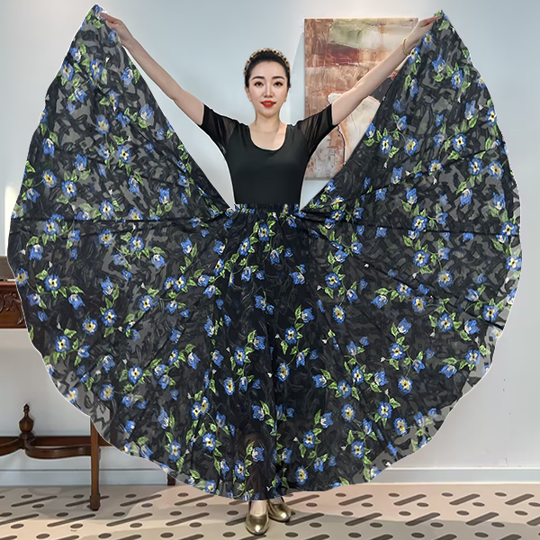 A《兰柏花开》雪纺满铺花半身裙/720大摆带内衬