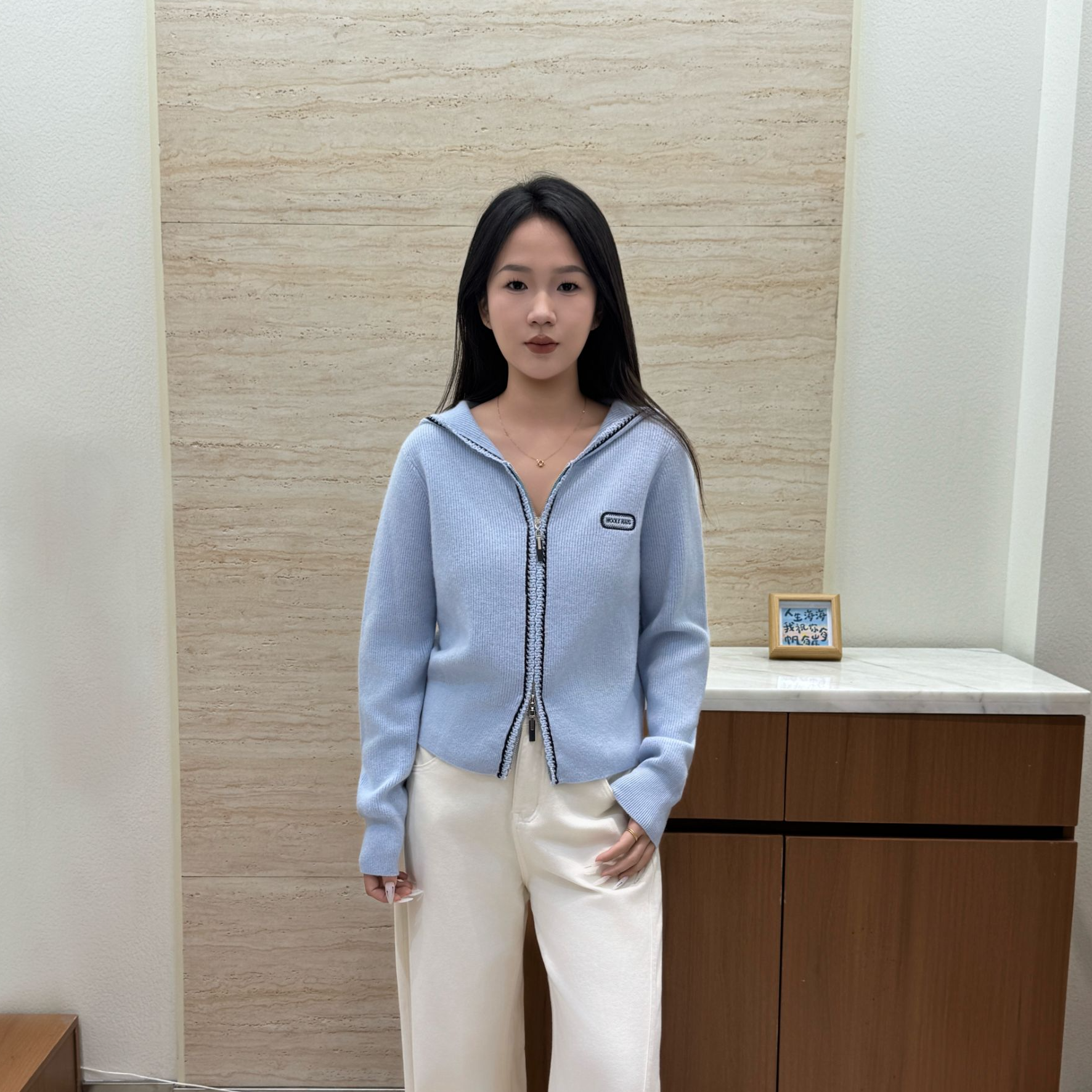 【2654-hh】女士羊毛针织外套拉链款连帽针织衫时尚休闲百搭