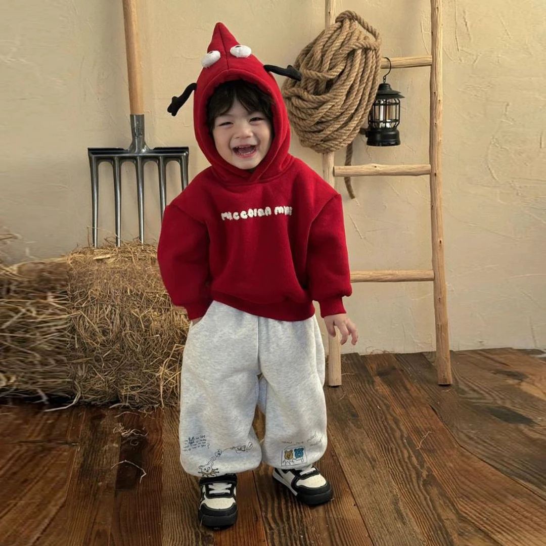 男童套装冬装2025新款洋气儿童可爱卡通精灵帽卫衣宝宝加绒运动裤