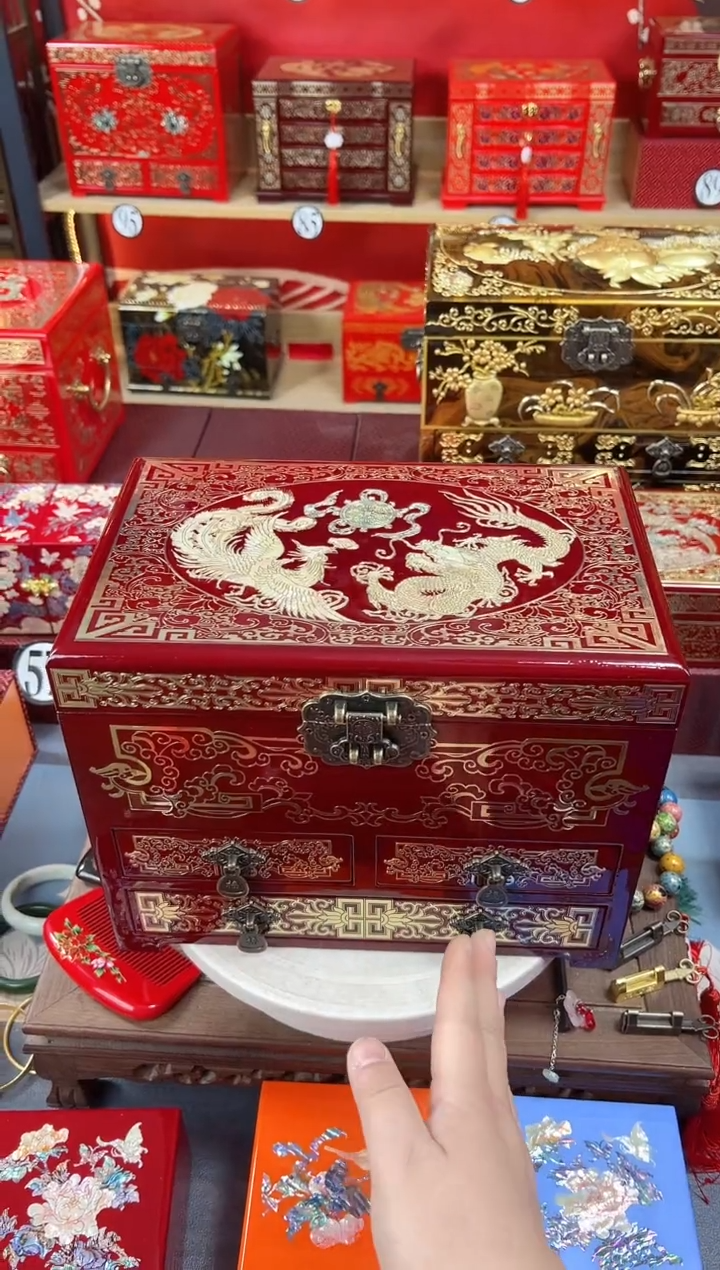 【闪购商品】28厘米新款四层三抽掐丝螺钿酒红龙凤呈祥