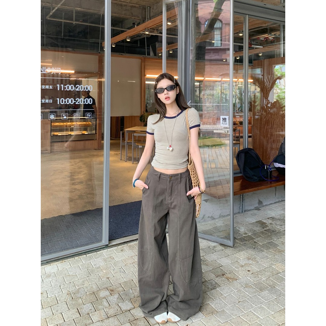 夏季新款条纹撞色短袖女t恤休闲圆领美式辣妹正肩遮肉显瘦上衣服