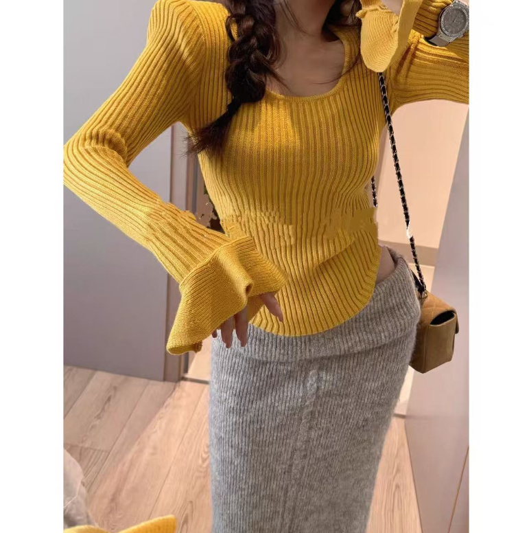 【可乐优选】法式气质秋冬新款喇叭袖收腰显瘦上衣