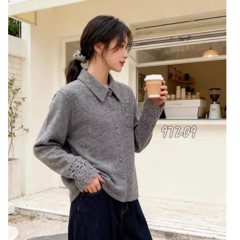 【蕾丝口袋】灰色衬衫气质针织开衫女外套宽松上衣