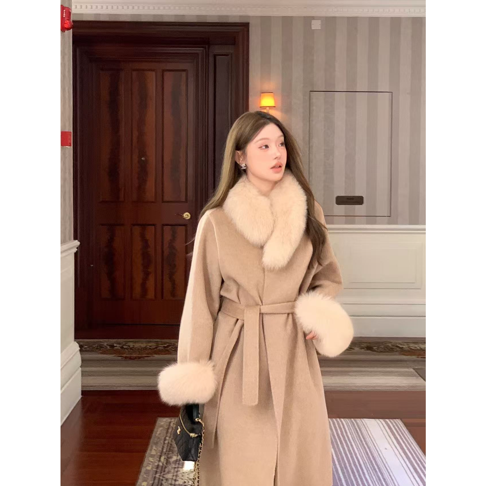 高级感毛毛领双面呢子大衣女2025羊毛绒毛呢外套秋冬S911124