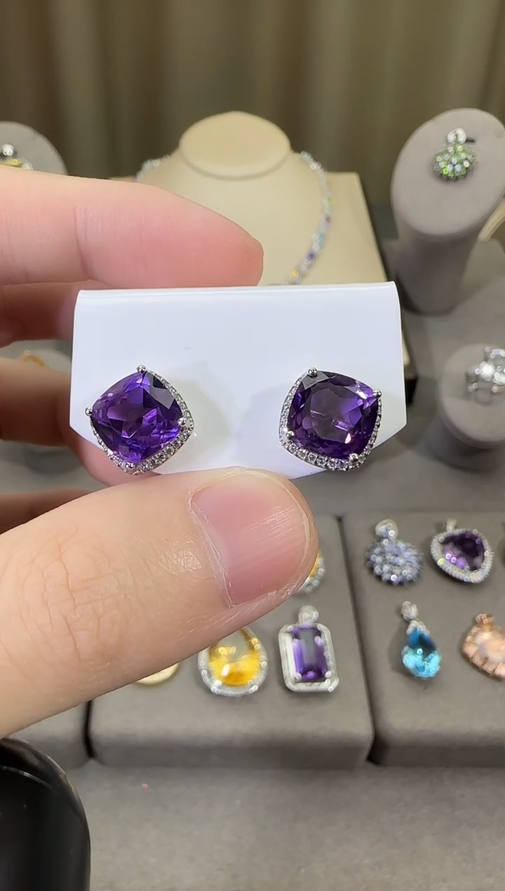 银S925镶嵌耳饰紫晶11mm耳钉简约款