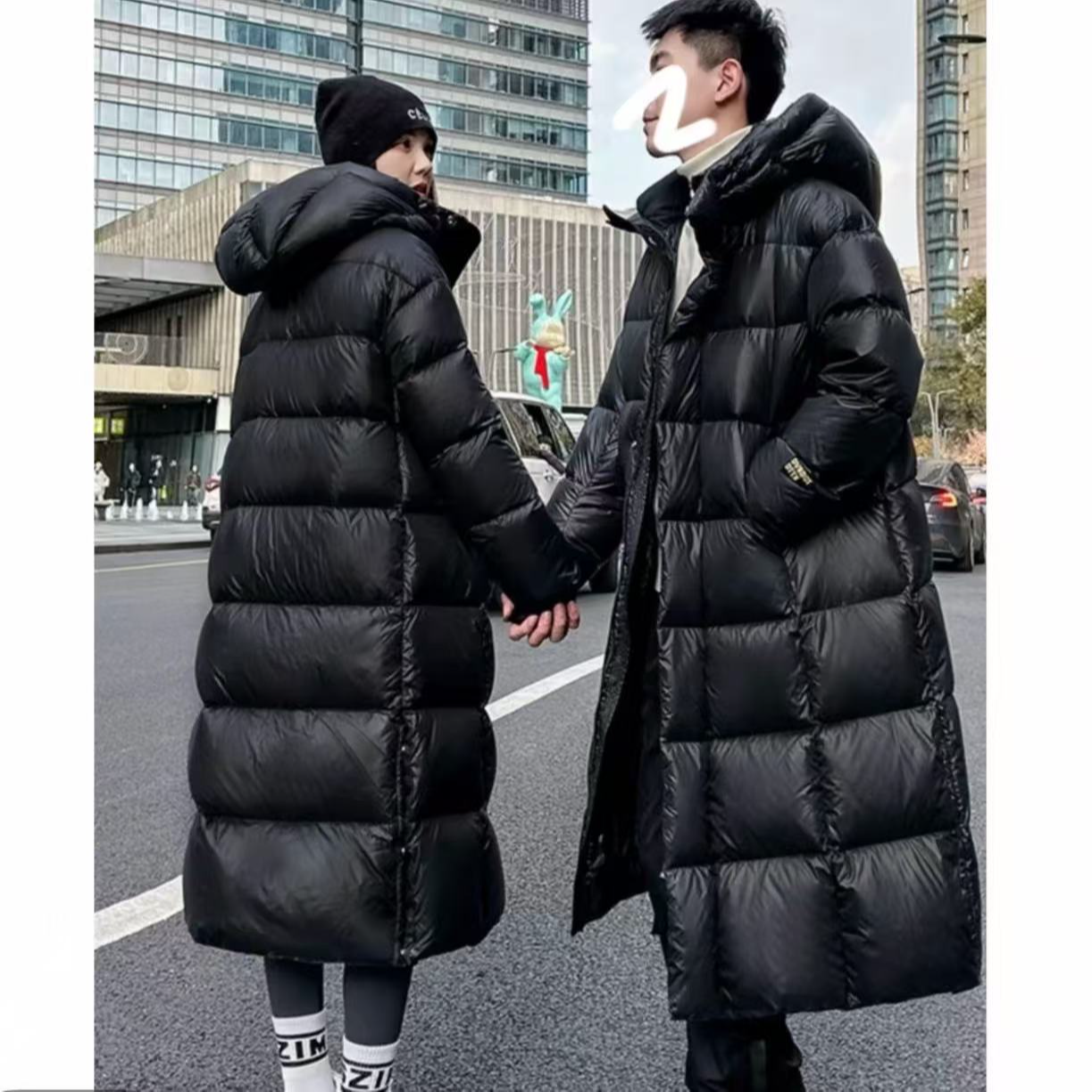 黑金连帽白鸭绒情侣同款加厚冬季时尚保暖外套1