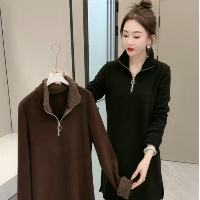 拉链毛毛领双面绒衫裙251253#