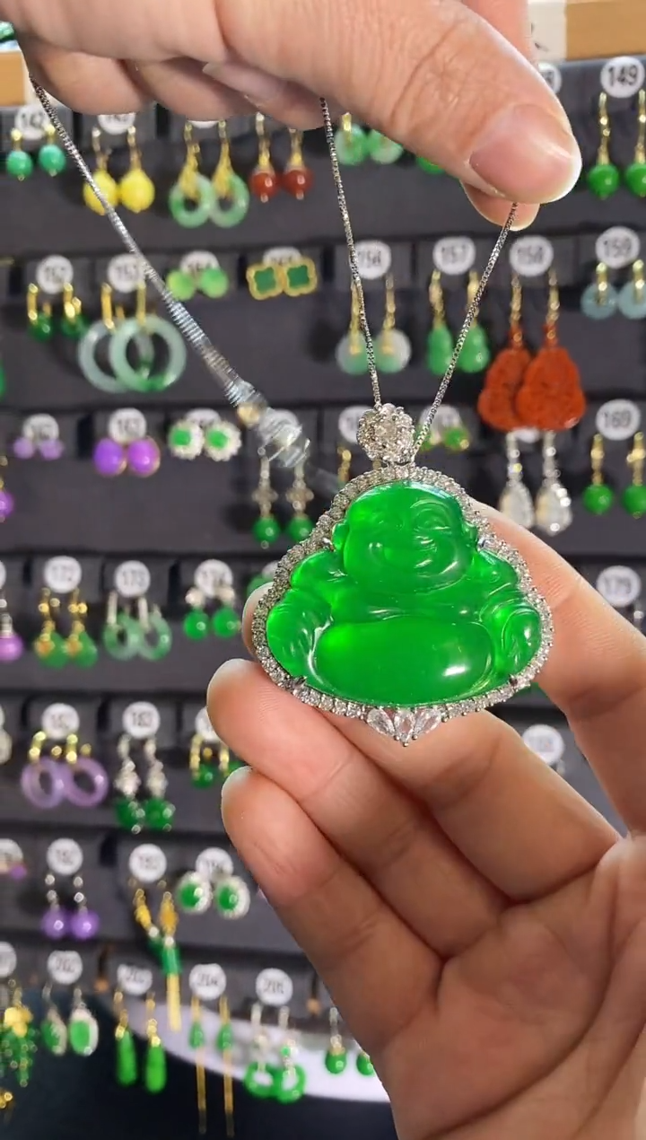 【闪购商品】翡翠耳饰银S925镶嵌镶嵌大绿佛