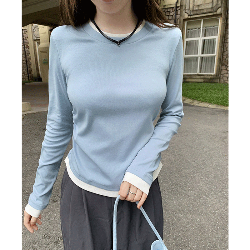 【工厂直销】棉假两件圆领长袖T恤女欧若风褶皱收腰修身打底衫上衣