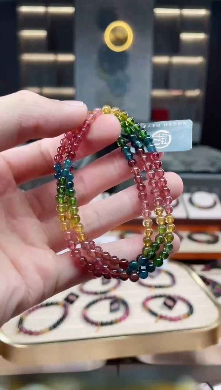 未镶嵌冰透体老矿碧玺彩虹三圈手串4mm+碧玺多样性发一条xion