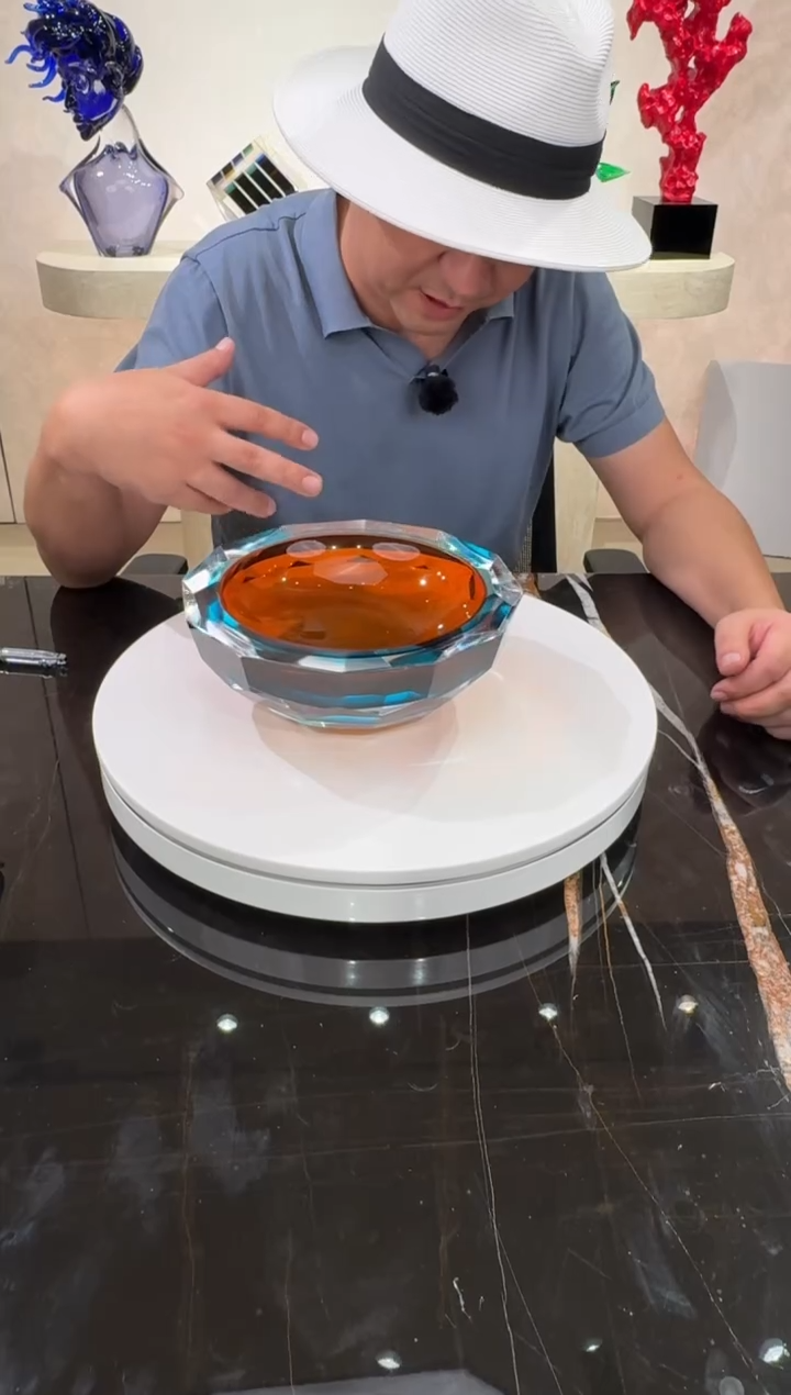 摆件酒红色宝石蓝艺术琉璃果盘