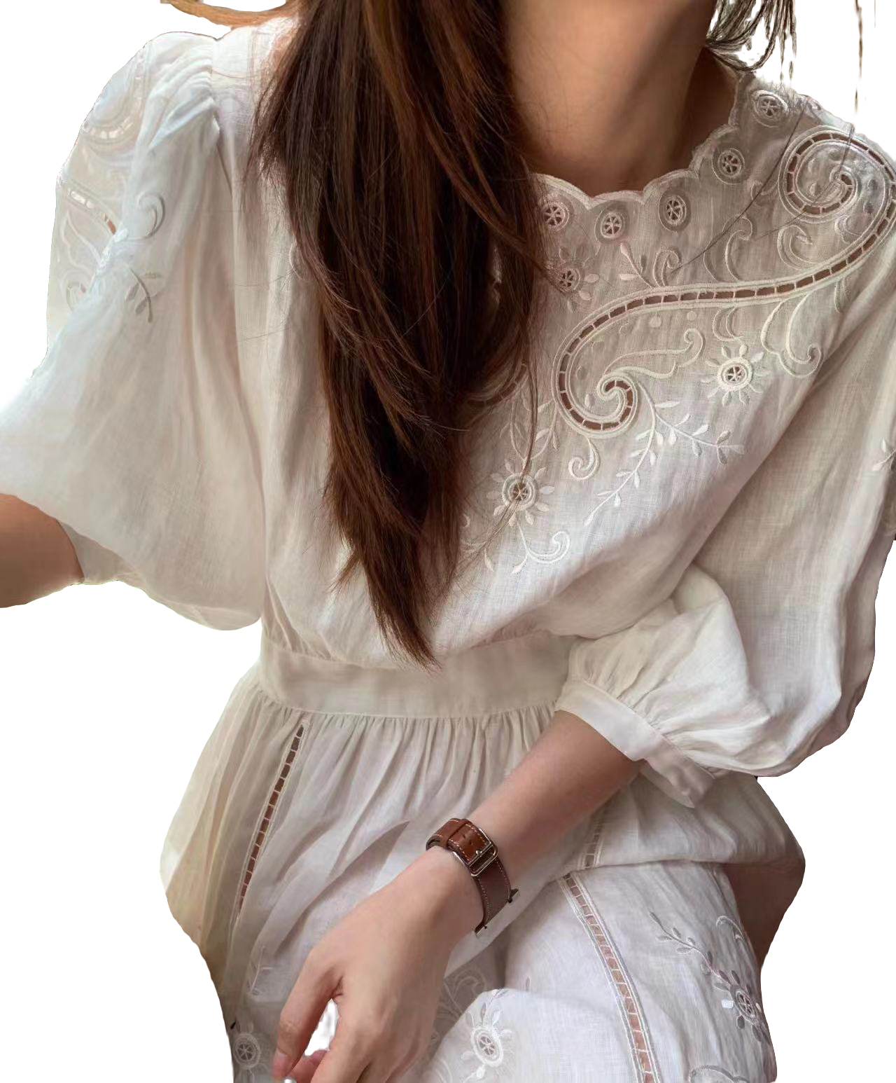 夏季文艺风圆领长裙抹胸型连衣裙设计师泡泡袖中国风中式法式