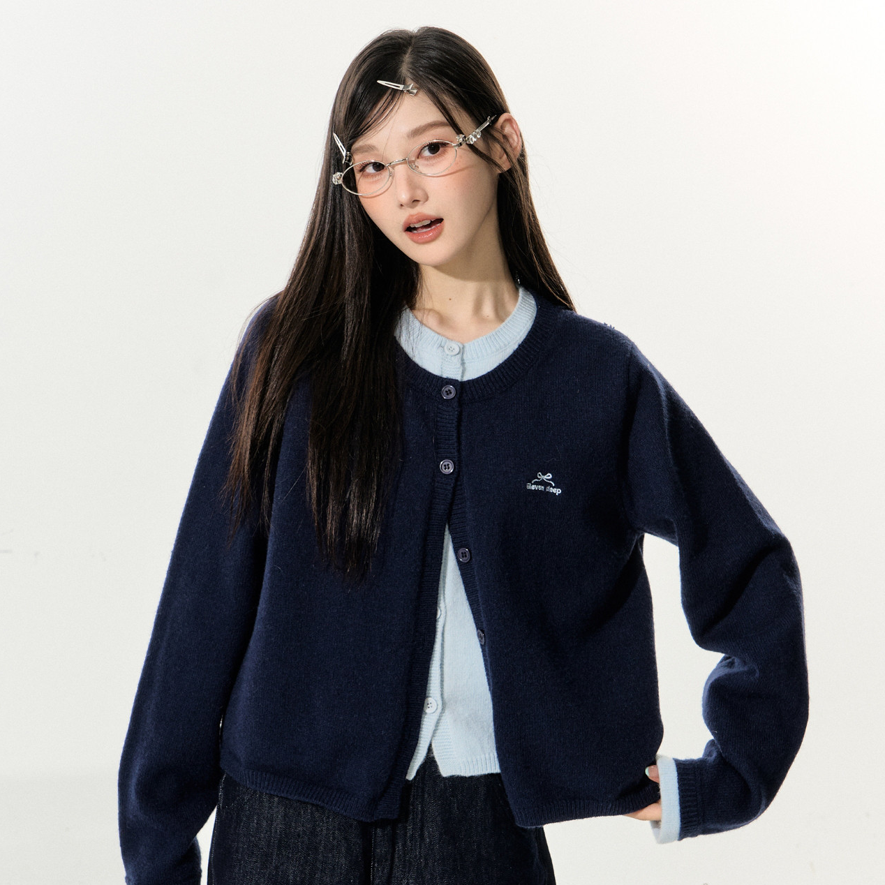 ELEVEN SLEEP假两件针织开衫外套秋季慵懒风宽松圆领设计感上衣女