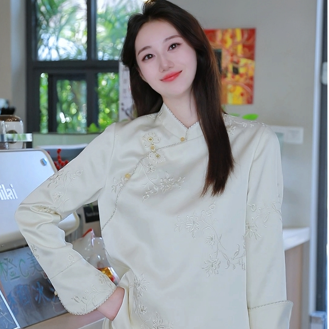 《七七定制》秋冬款重工刺绣时尚中国风新中式气质长袖衬衫6973