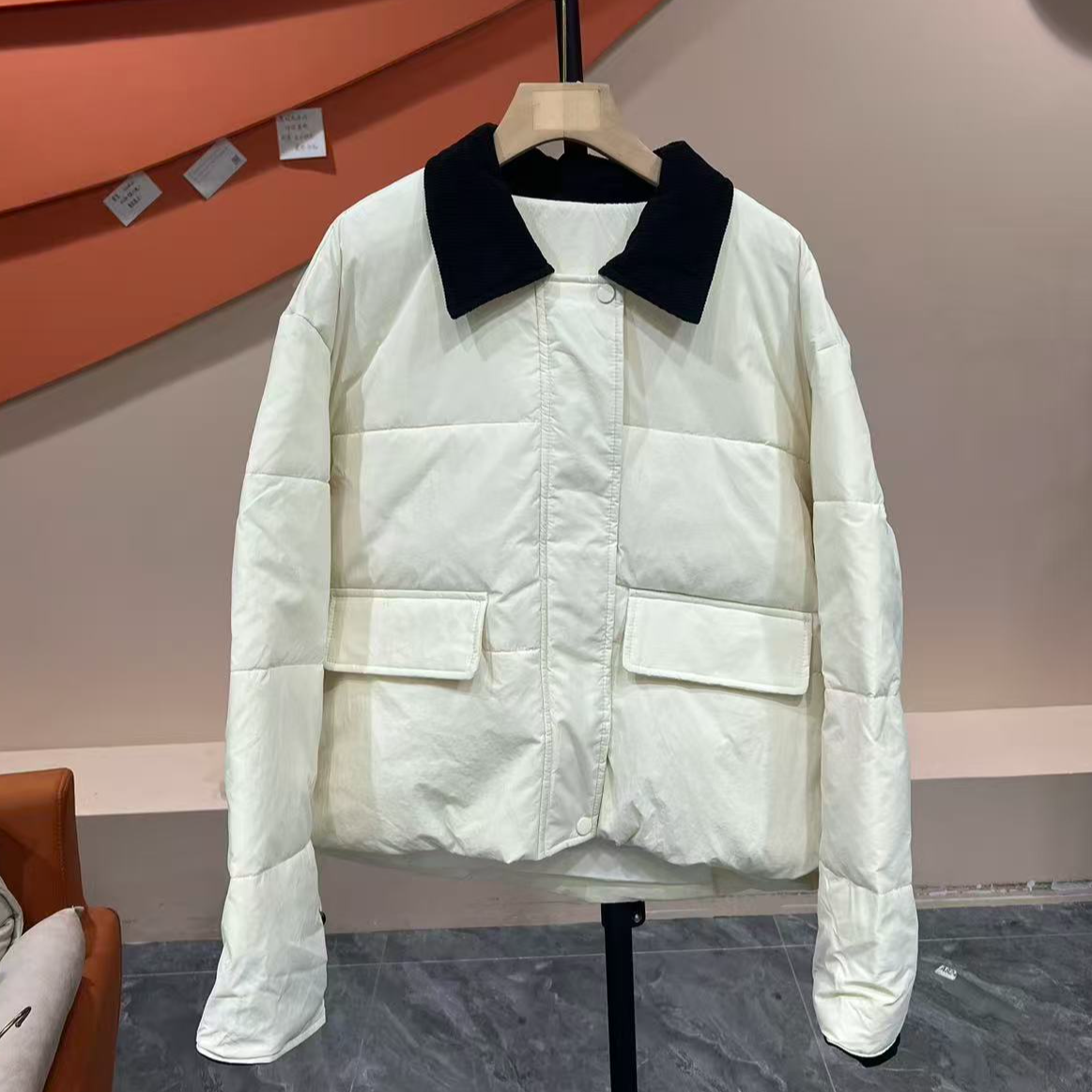 秋冬新款时尚撞色翻领棉衣气质百搭瑕疵外套休闲上衣878-5长57