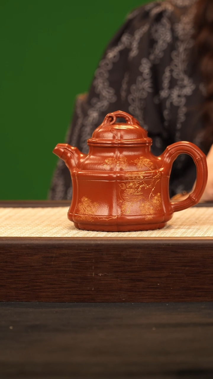 茶壶紫砂YF六方竹鼎 朱泥250cc