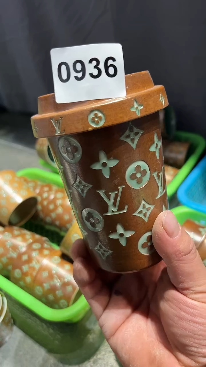 龙泉窑奶茶杯带盖双釉微瑕0936