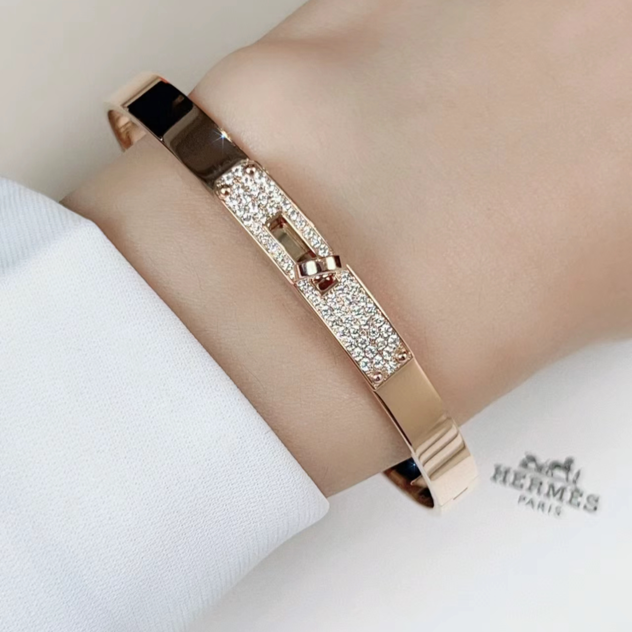99新 Hermes/爱马仕 拆单小花6珊 爱马仕Kelly半钻手镯玫瑰金16码