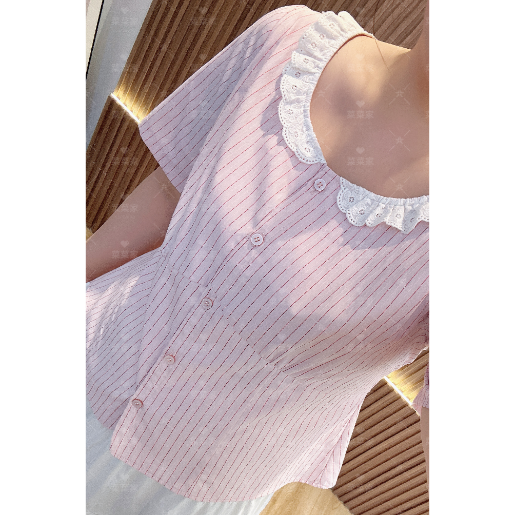【现货婷哥定制】CCC11555夏季减龄蕾丝拼接粉色条纹大码女装衬衫