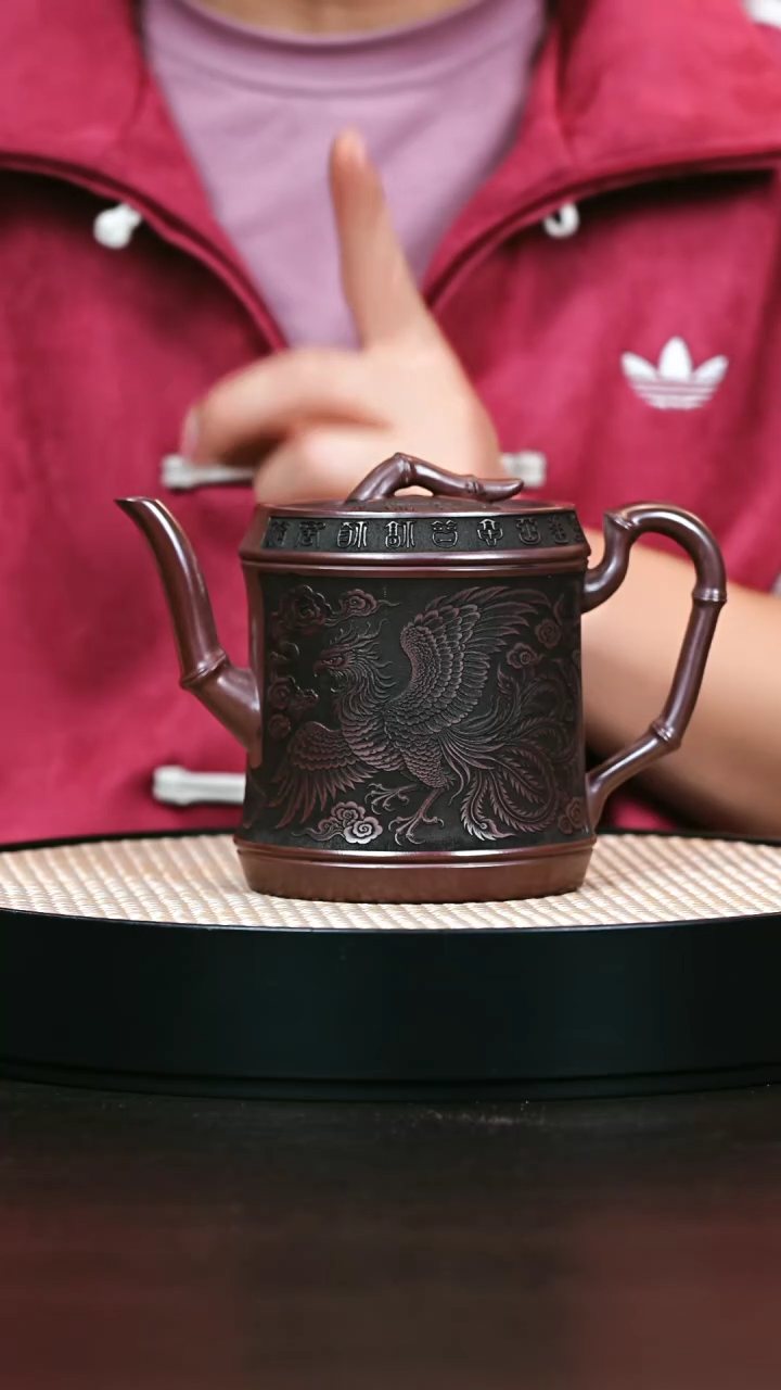 茶壶紫砂石红龙凤呈祥竹节580cc