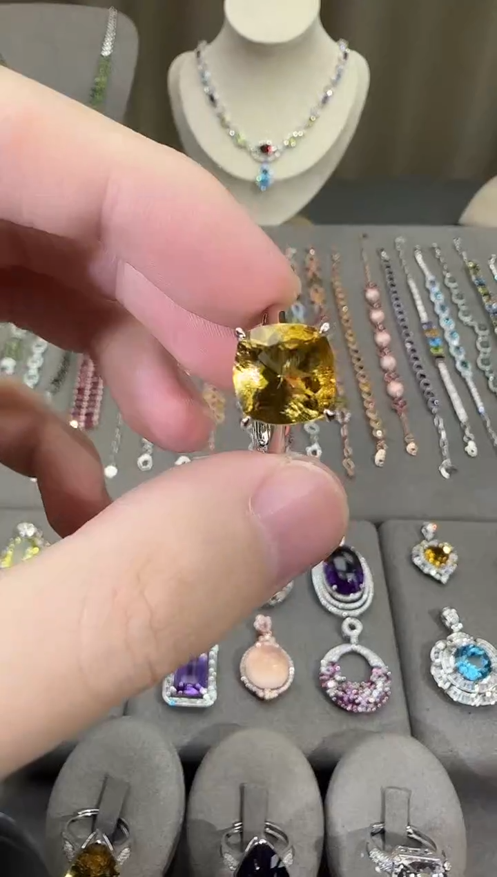 银S925镶嵌戒指黄晶11mm戒指简约款