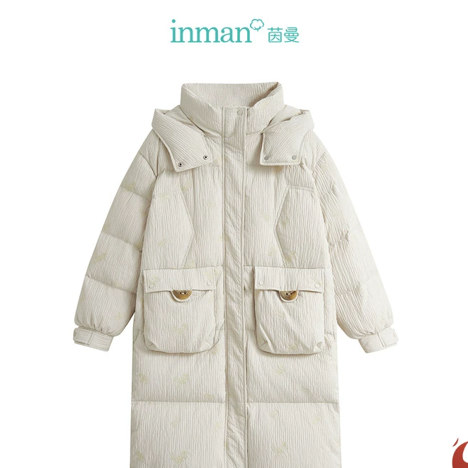 茵曼商城同款肌理绣花连帽羽绒服冬女装新款长款保暖中长款外套