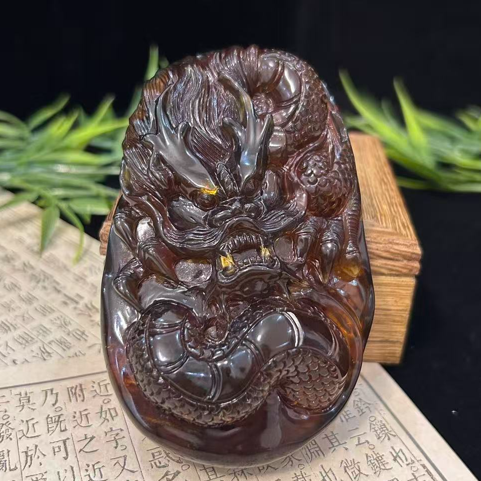 棕珀龙牌雕刻件 91克 可挂件可手把 天然缅甸琥珀