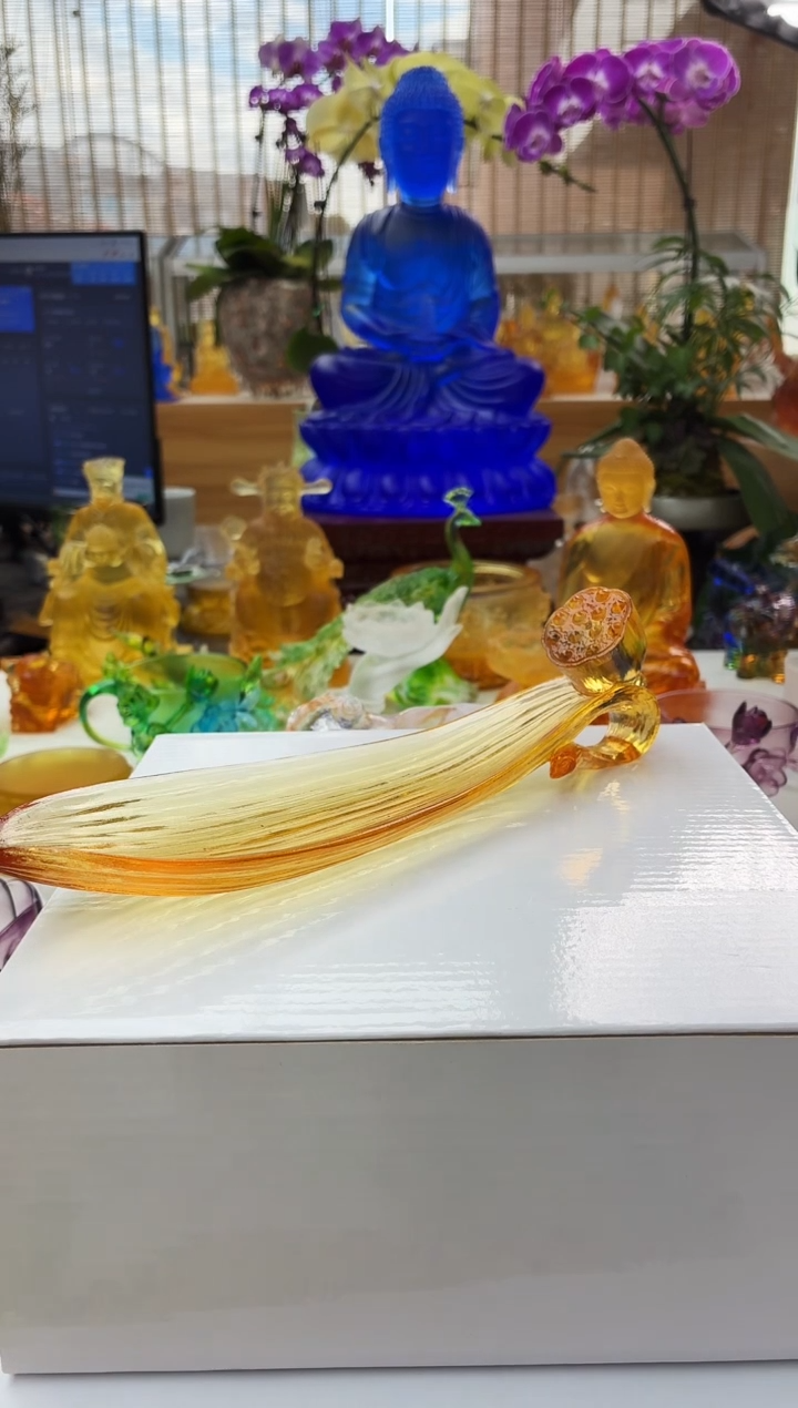 手工艺品琉璃琥珀色荷叶线香插23*7.5*3.5公分