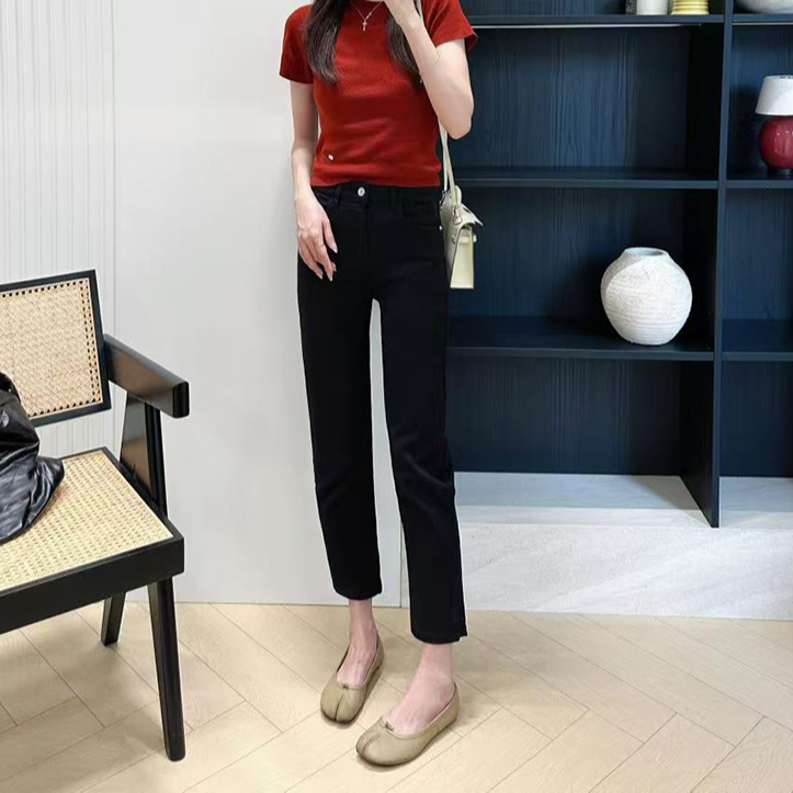 宝丫轻奢  女式时髦休闲修身显瘦高腰直筒开叉牛仔裤K116
