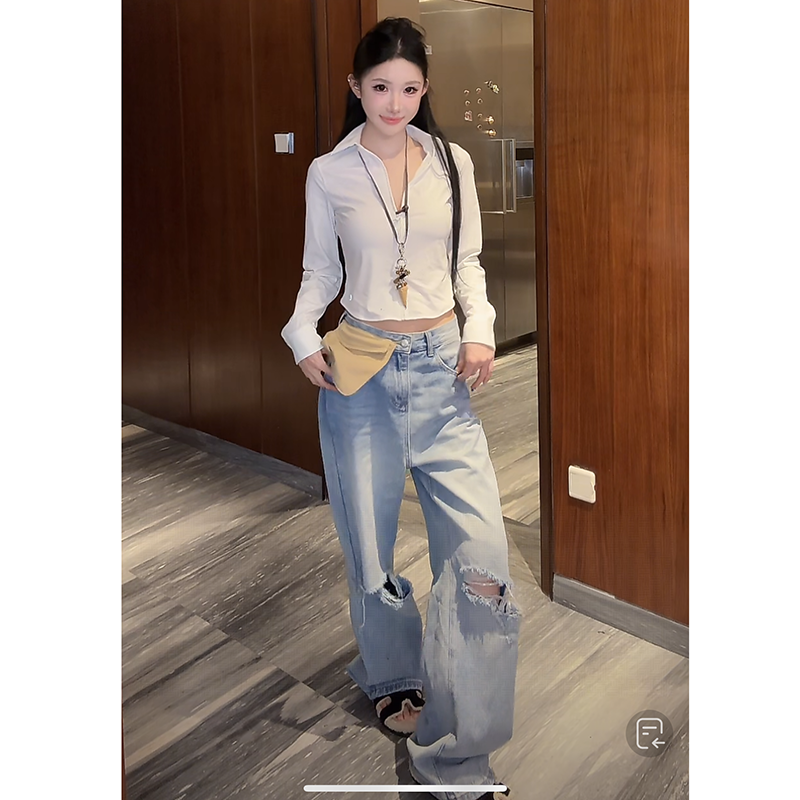 薛小婉蓝色水洗复古做旧纹理直筒牛仔裤休闲vintage破洞裤夏季