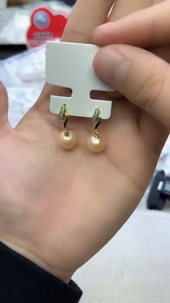 未镶嵌耳坠淡水珍珠中国红耳坠11mm