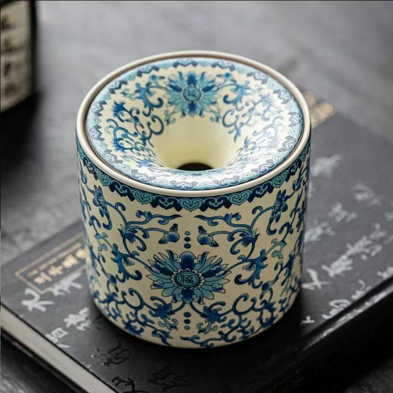 米黄汝窑青花缠枝莲漏斗烟灰缸中式复古家用茶渣缸@1234（lf）