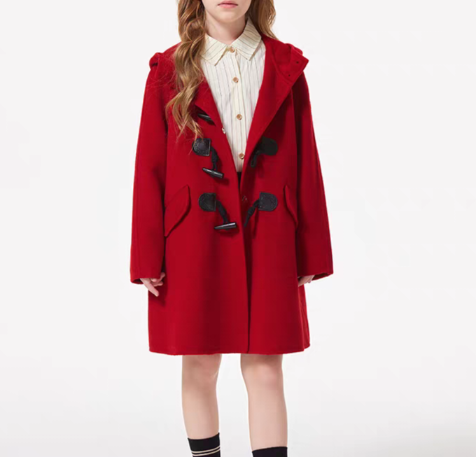 【过年战袍】100%羊毛大红色连帽牛角釦男童女童双面羊毛大衣-031