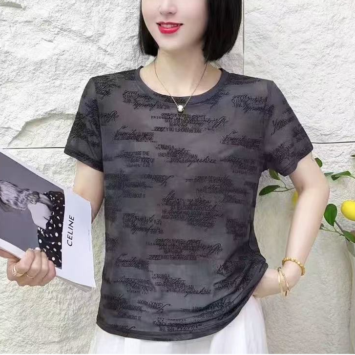 小鑫肝@现货浮力复古圆领印花网纱时尚百搭T恤 8313