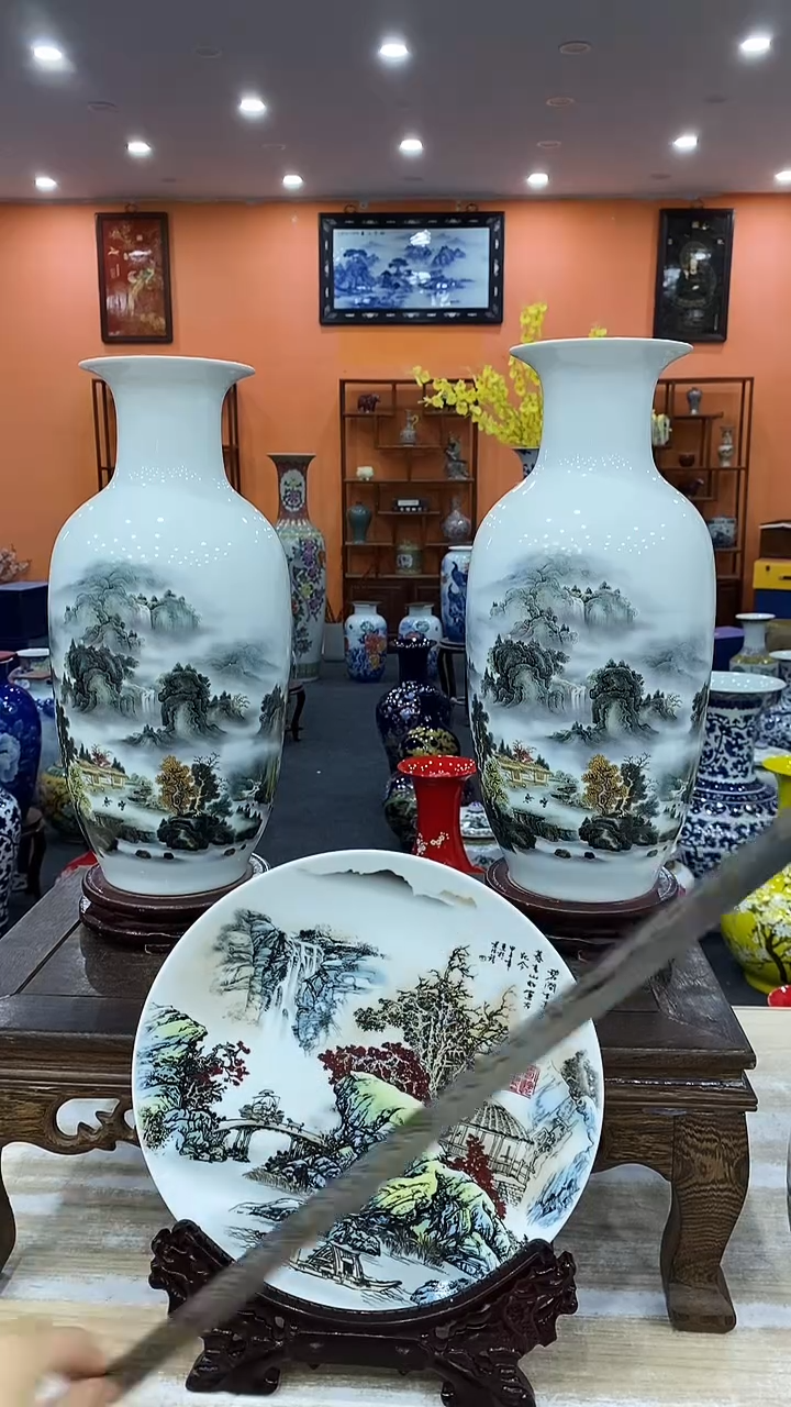 摆件2个深谷幽隐松子瓶+1个碧涧盘+龙头架+旋转底座