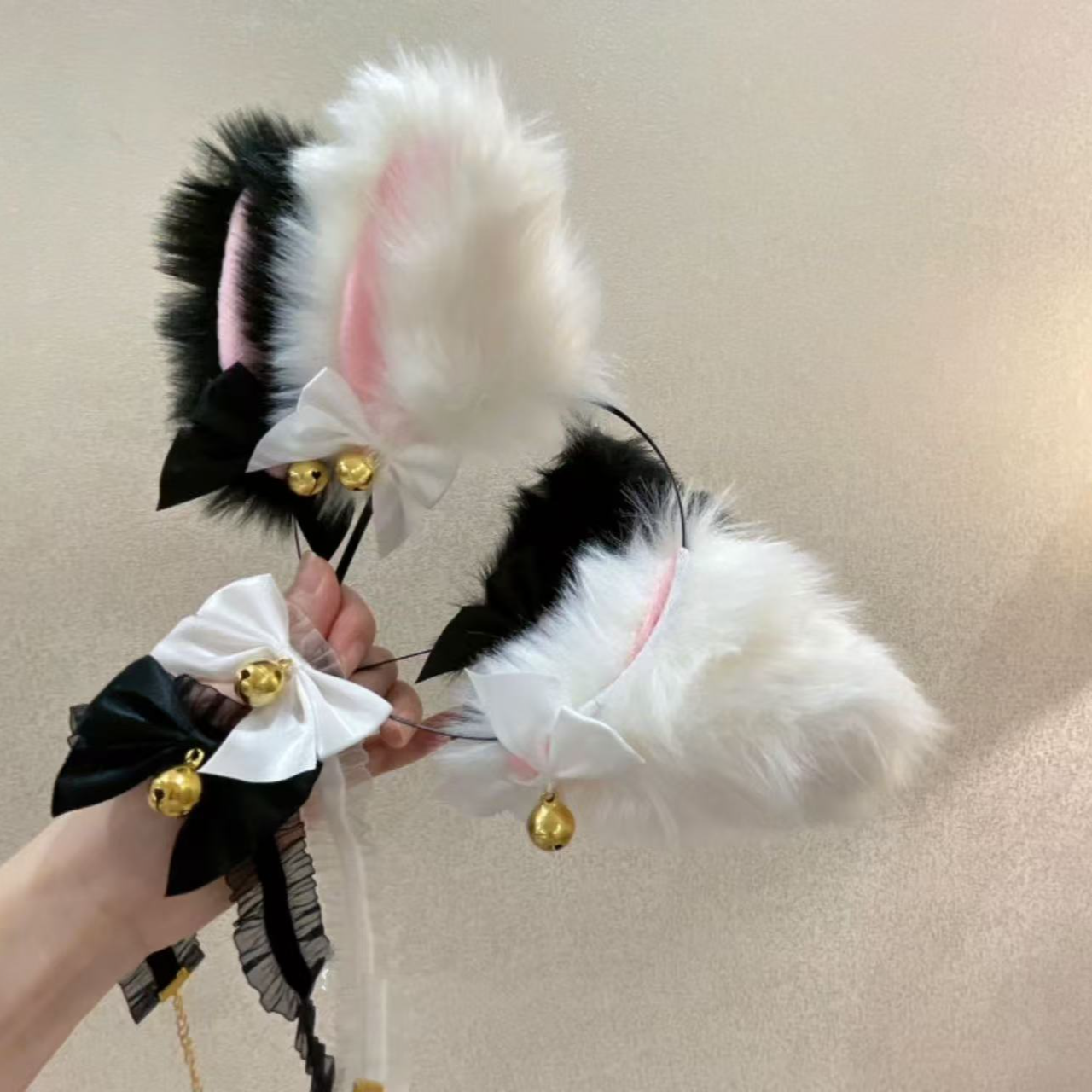 头箍＋项链【通用】毛绒猫咪耳朵铃铛头箍超仙日系软妹超萌兔耳朵