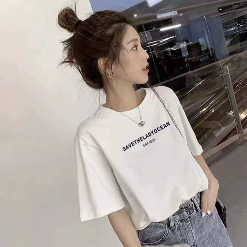 1837#（100%纯棉）宽松显瘦遮肉简约休闲短袖T恤上衣纯棉T恤