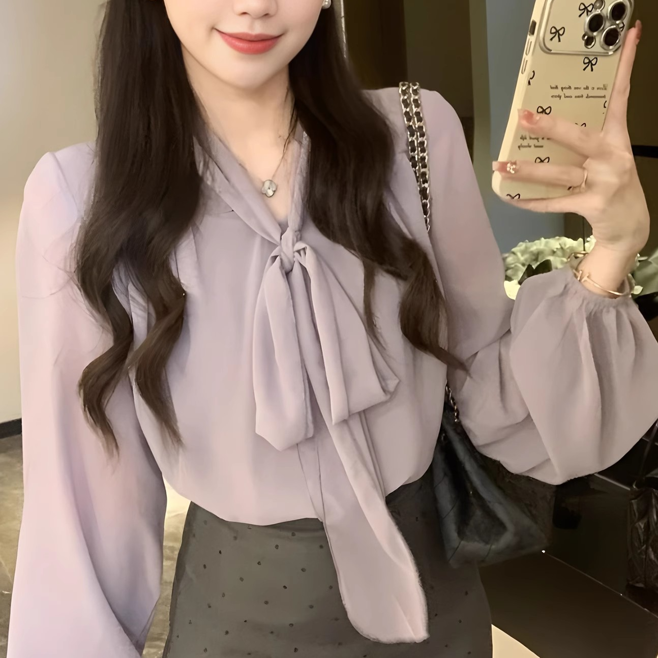蝴蝶结绑带灯笼长袖衬衫女2025早秋新款遮肉显瘦气质紫色衬衣上衣