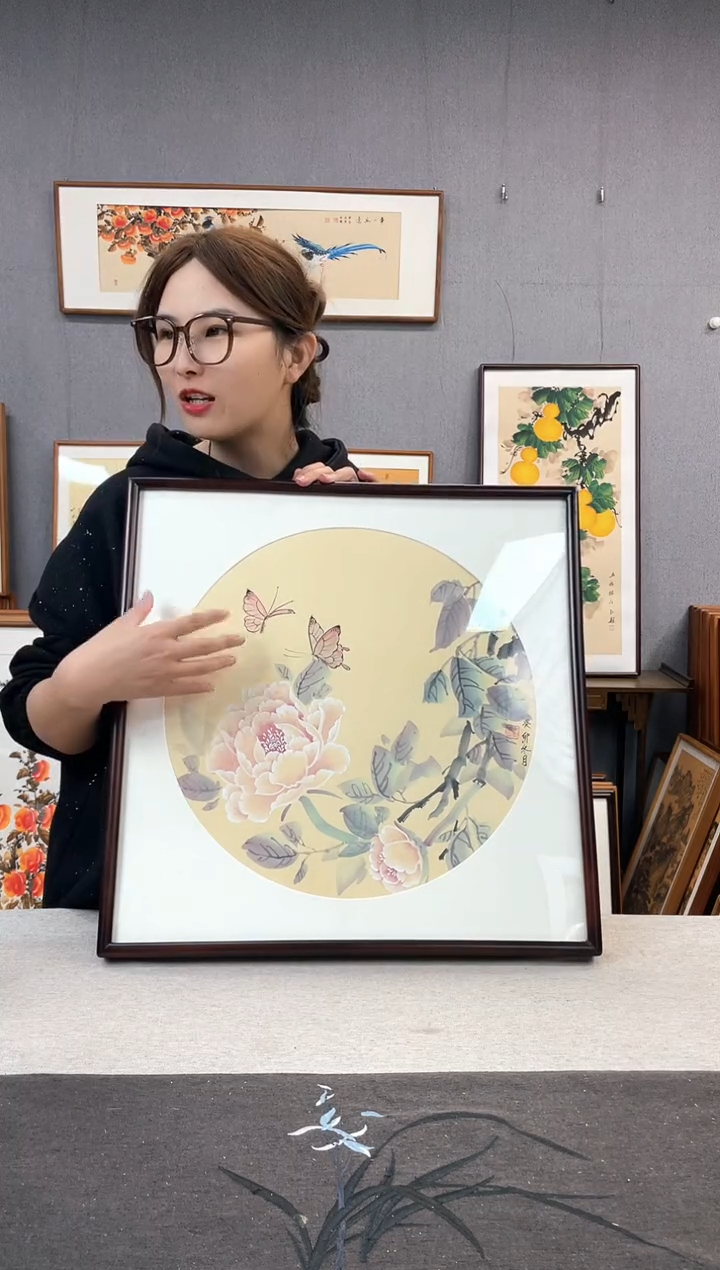 【闪购商品】国画李坤-手绘带框作品-53*53-牡丹