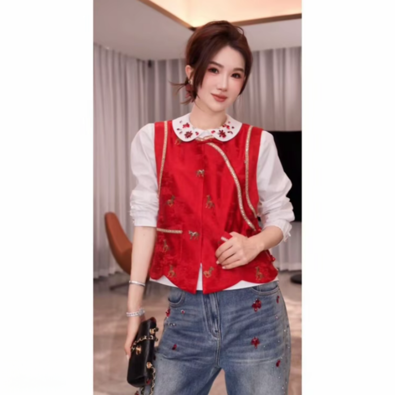 『新年好+刺绣』新中式中国风斜襟马甲120157SS52