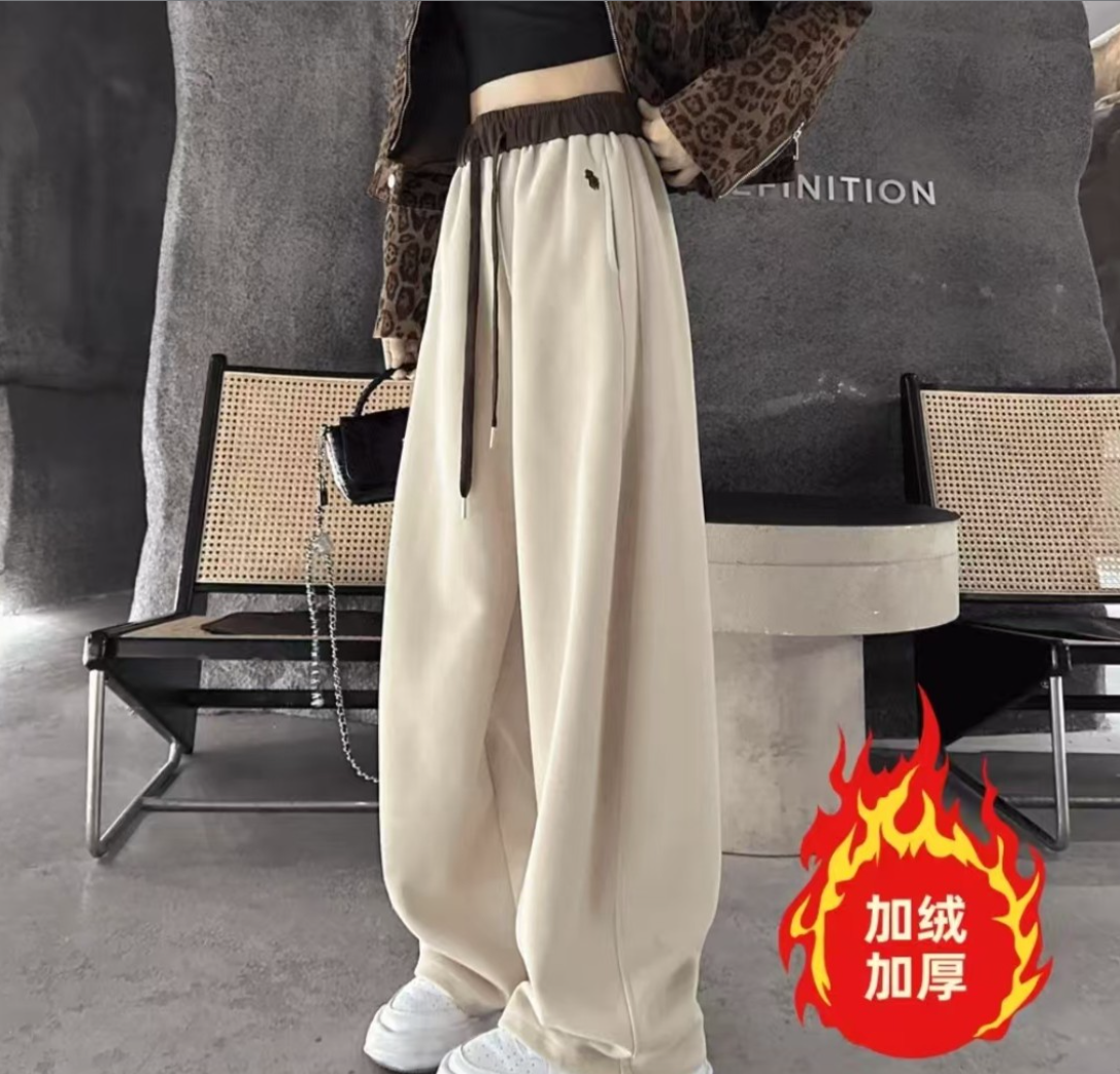 【清货+运费险】秋冬加绒加厚高腰宽松时尚百搭拼色休闲弯刀裤