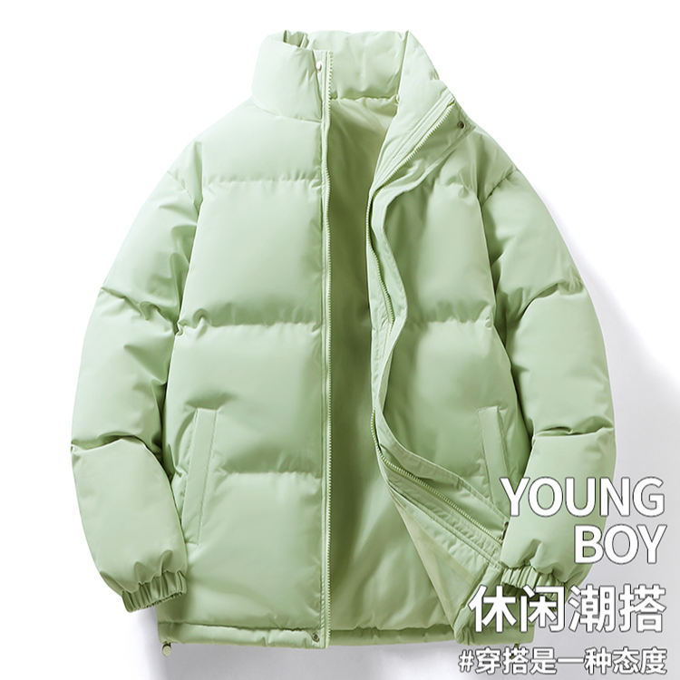 立领印花保暖棉衣连帽长袖浅蓝色厚款宽松棉服潮流男女情侣款