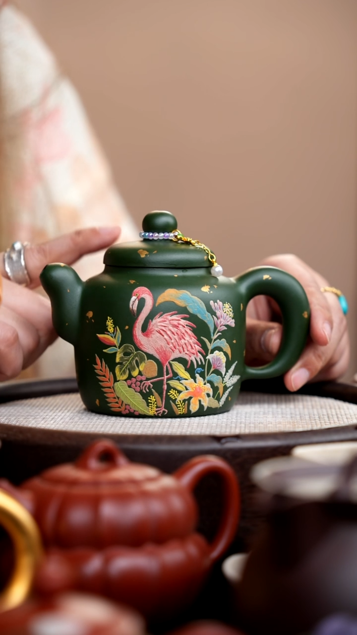 茶壶紫砂民国绿道洪静其泥绘火烈鸟