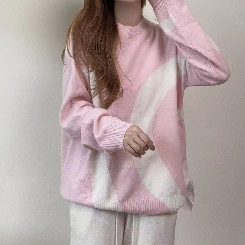 【100山羊绒】241732秋季新款时尚圆领款几何设计潮流款韩版宽松款