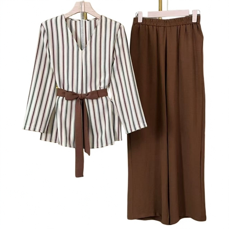 【两件套】2025秋季法式气质长袖上衣+休闲裤时尚套装M683