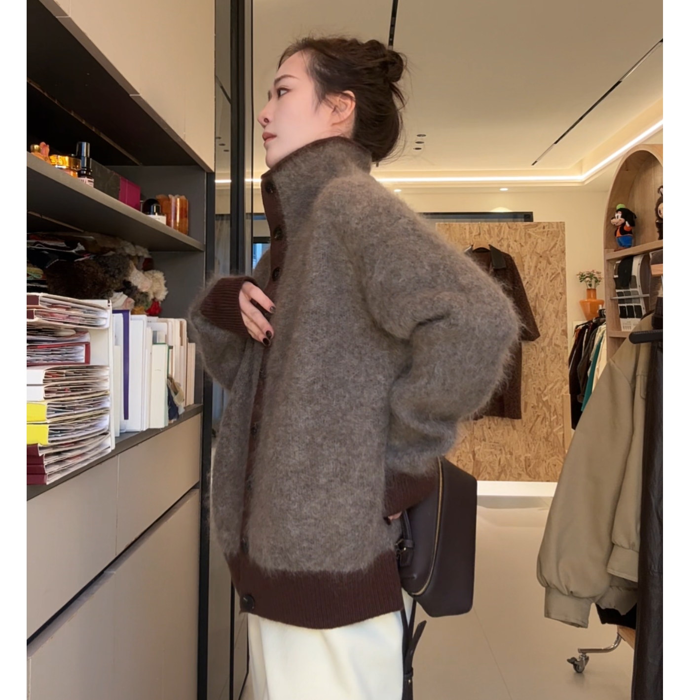 老钱风撞色高领高比例马海毛开衫美拉德秋冬毛绒绒毛衣外套1257