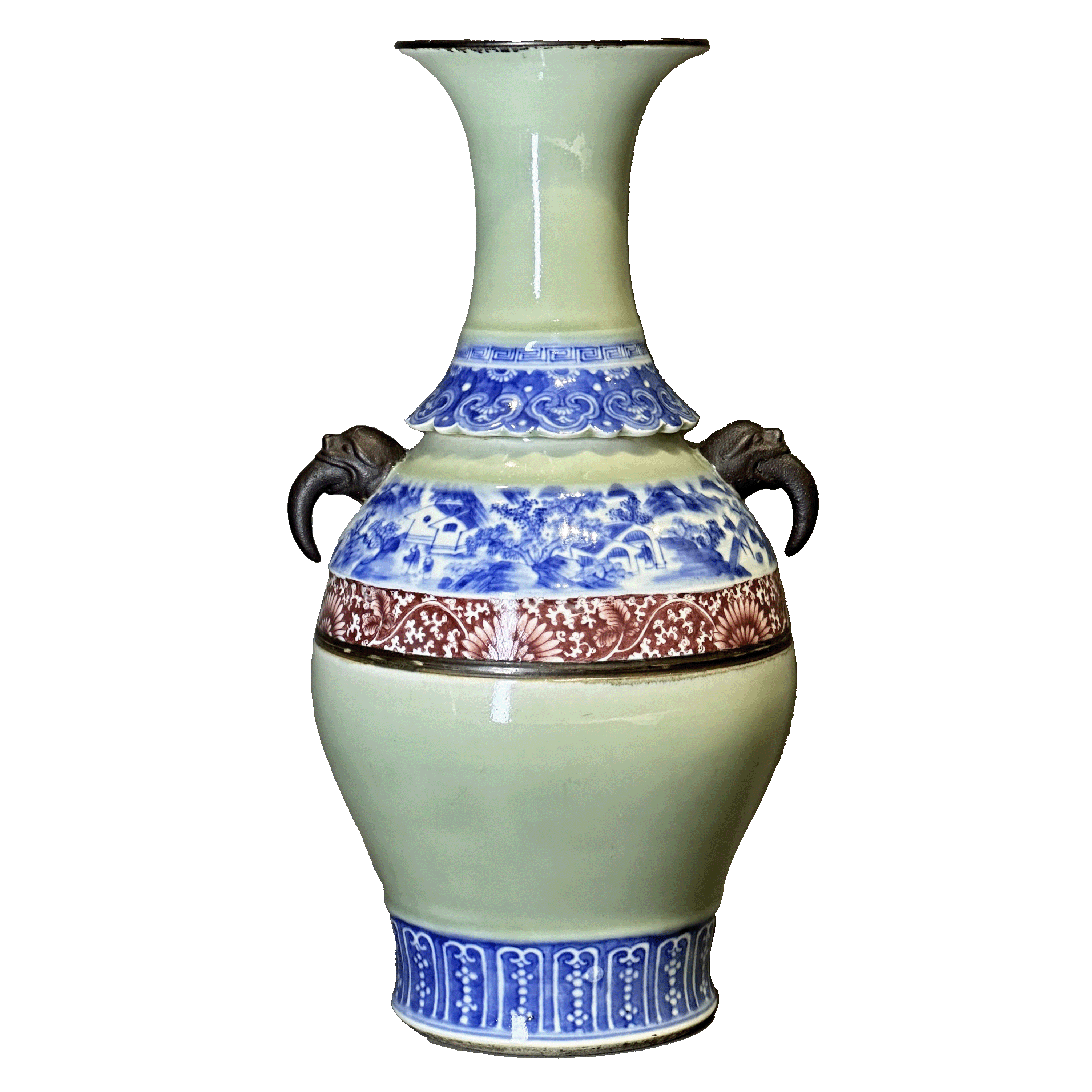 25300527y豆青釉青花釉里红山水纹双耳瓶