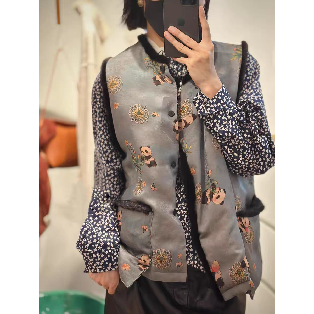 熊猫提花真丝香云纱拼水貂毛大口袋夹棉保暖马甲