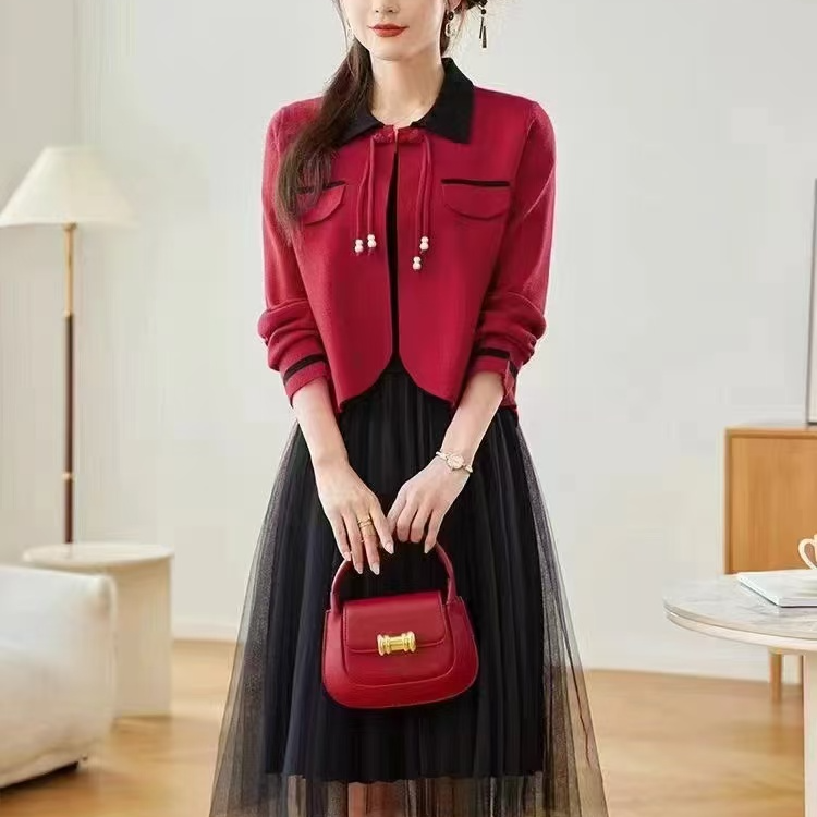 #901针织连衣裙两件套气质收腰拼接网纱套装裙